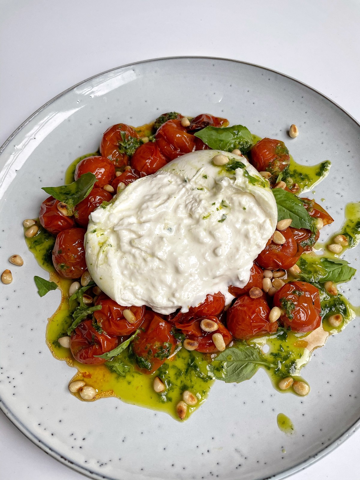 Burrata with Sticky Roasted Tomatoes, Pine Nuts &&nbsp;Basil