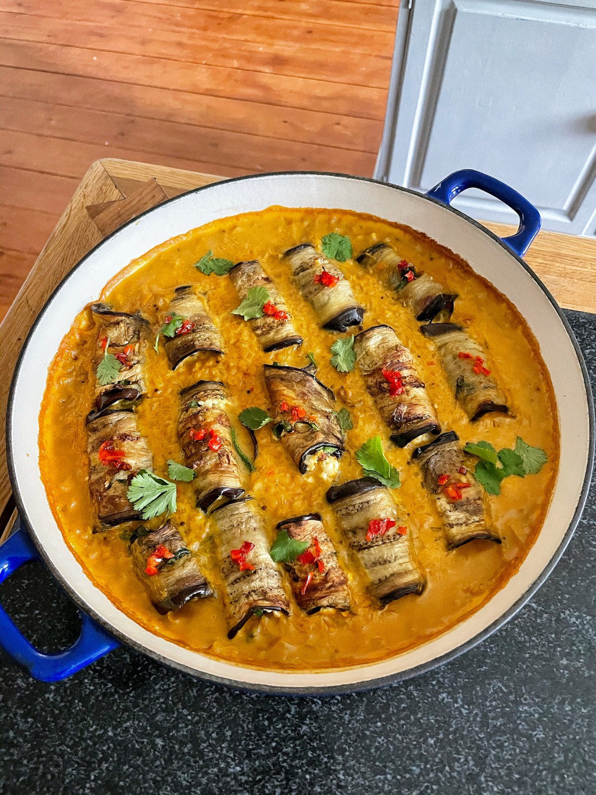 Stuffed Aubergine in Curry & Coconut&nbsp;Dal